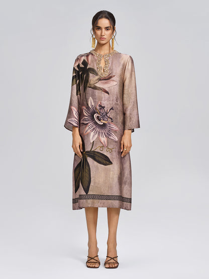Crystal Embellished Passion Flower Print Dress