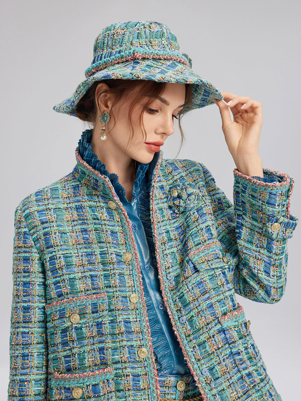 Multicolor Tweed Hand-Sewn Braid Trim Hat