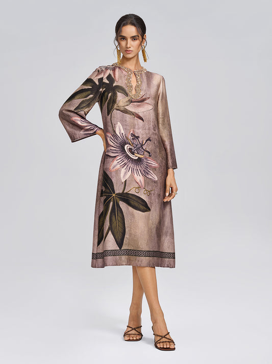 Crystal Embellished Passion Flower Print Dress