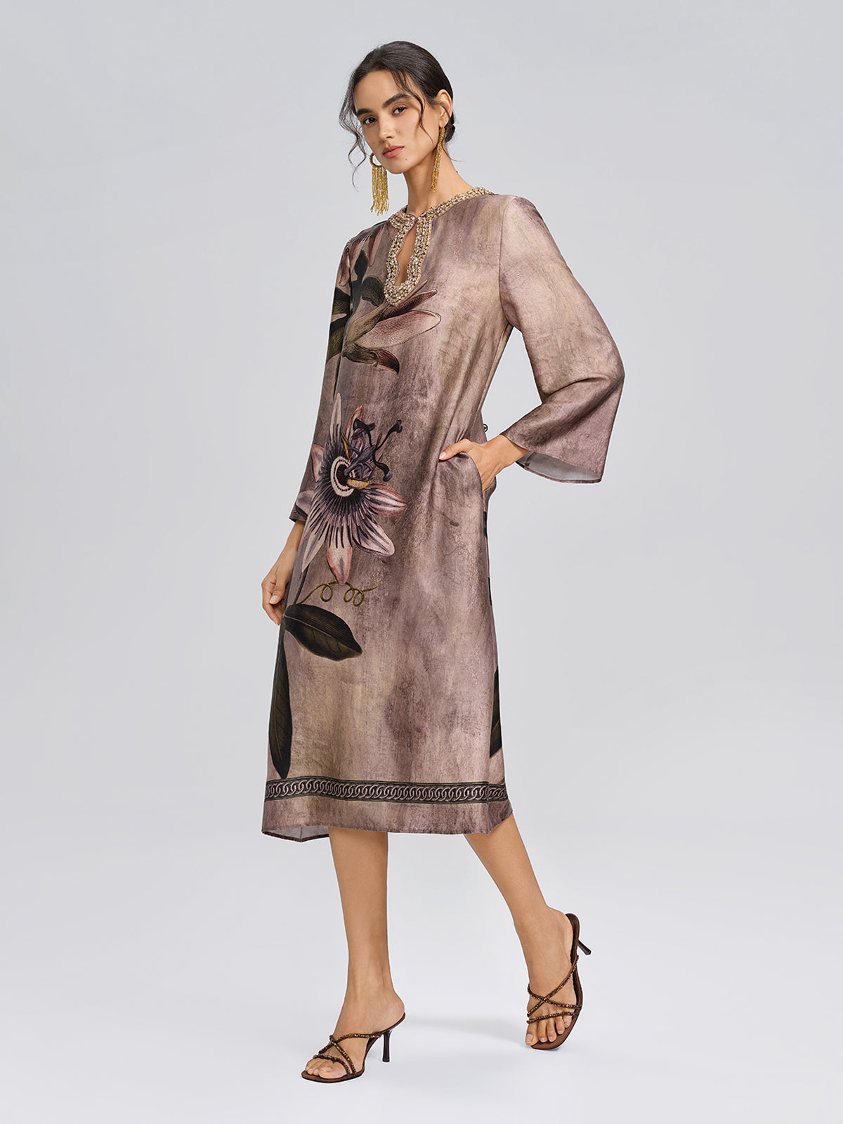 Crystal Embellished Passion Flower Print Dress