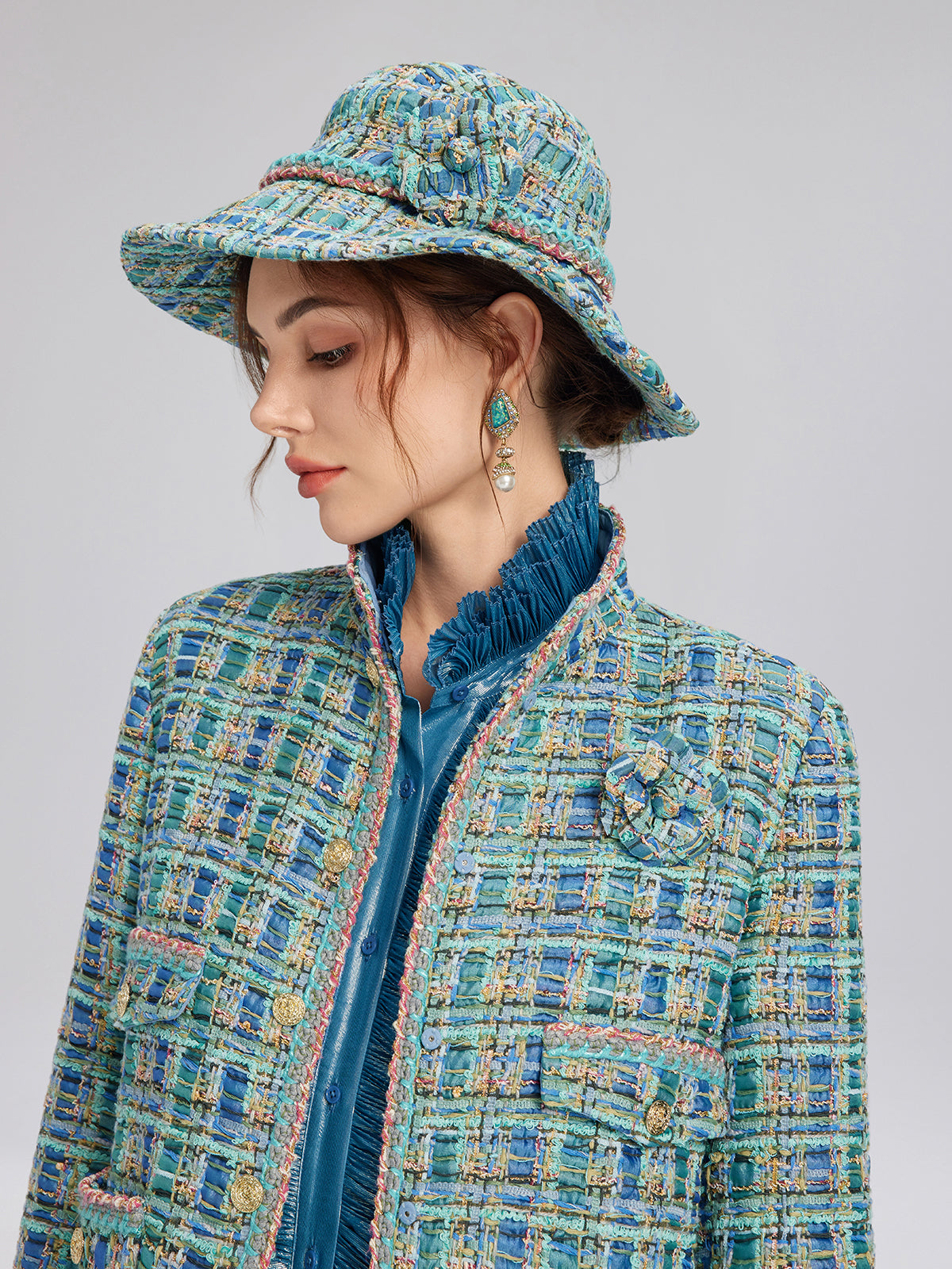 Multicolor Tweed Hand-Sewn Braid Trim Hat