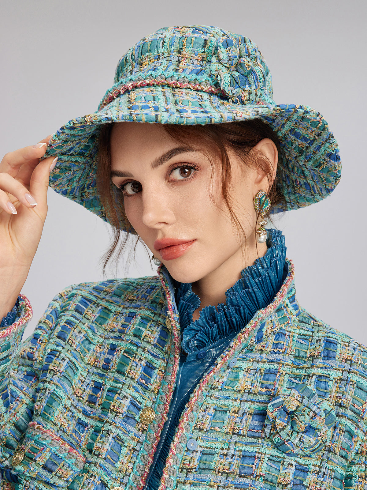 Multicolor Tweed Hand-Sewn Braid Trim Hat