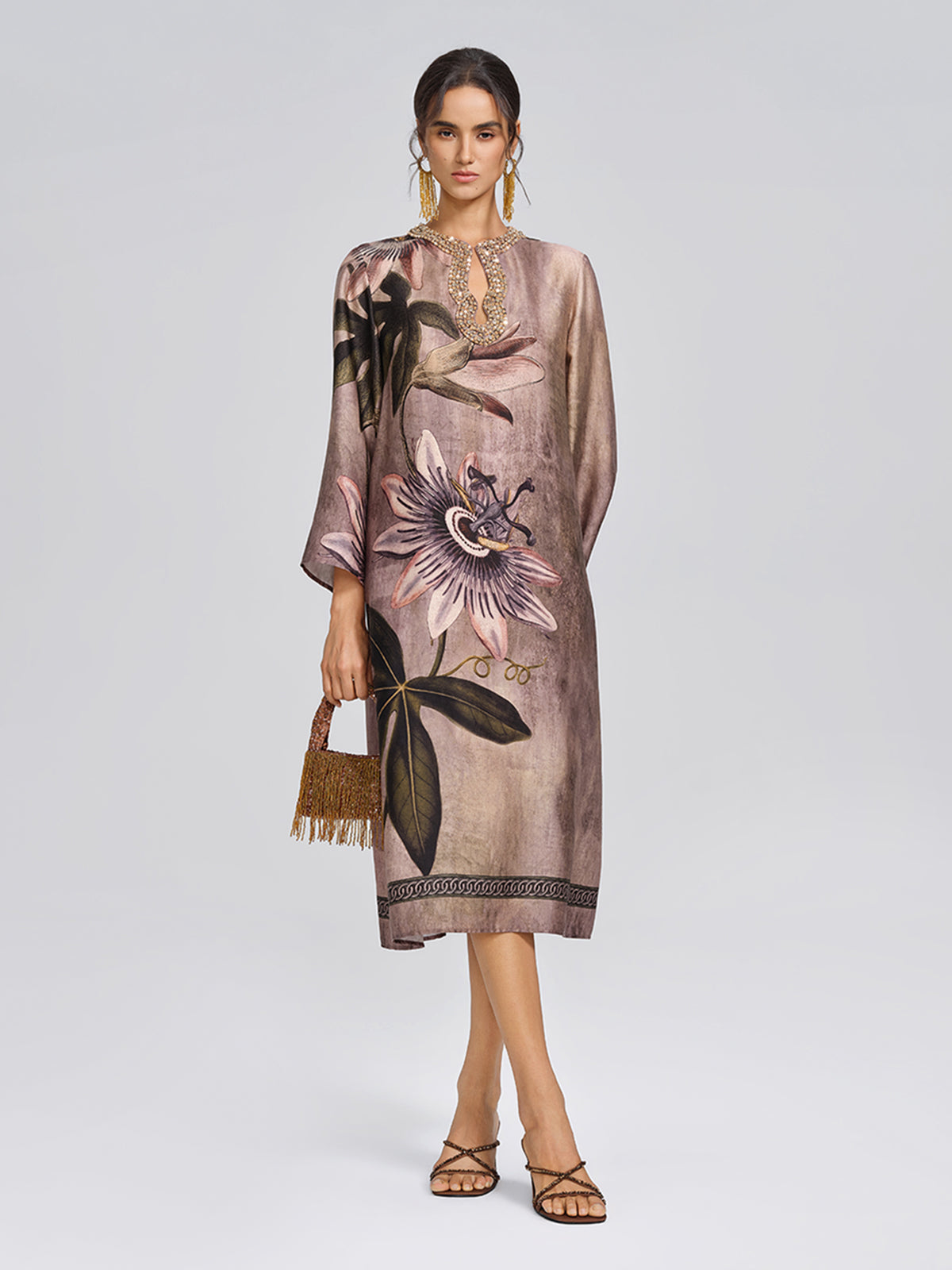 Crystal Embellished Passion Flower Print Dress