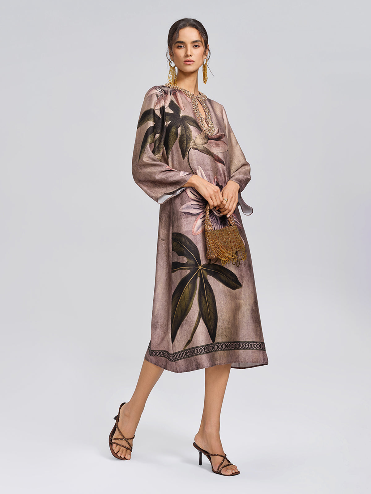 Crystal Embellished Passion Flower Print Dress