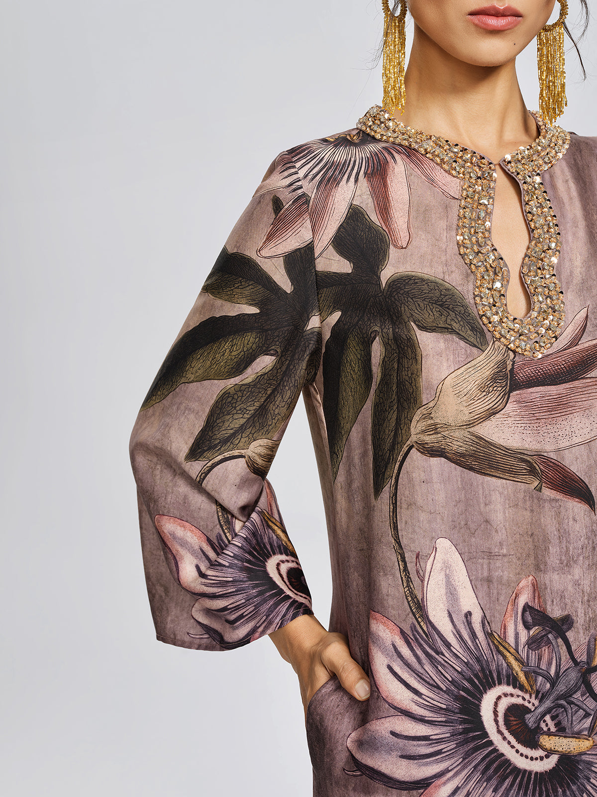 Crystal Embellished Passion Flower Print Dress