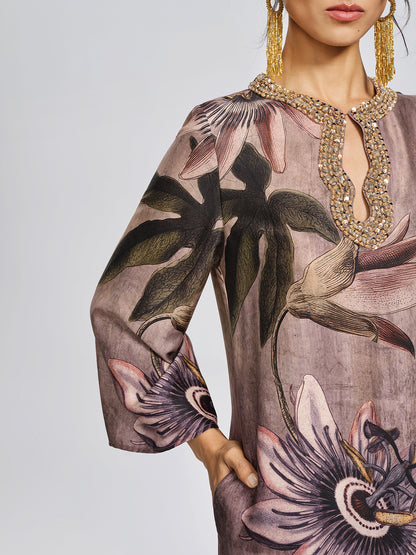 Crystal Embellished Passion Flower Print Dress