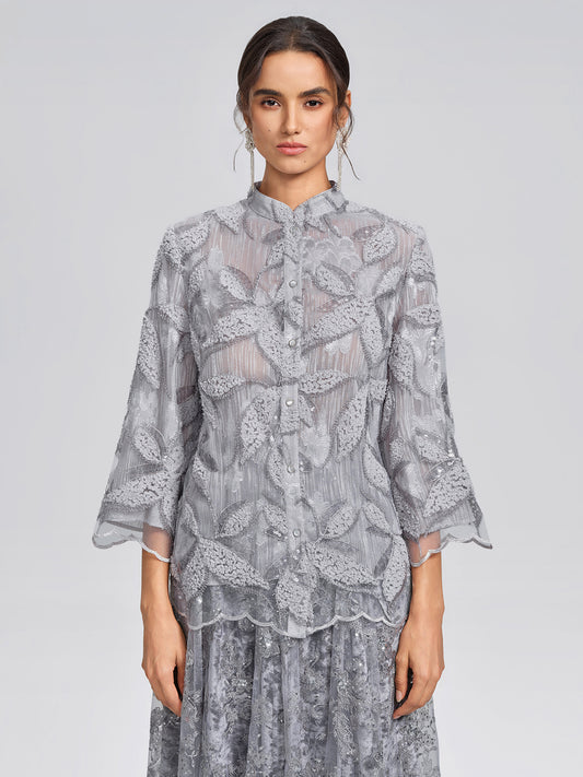 Mesh Leaf Embroidery Mandarin Collar Blouse