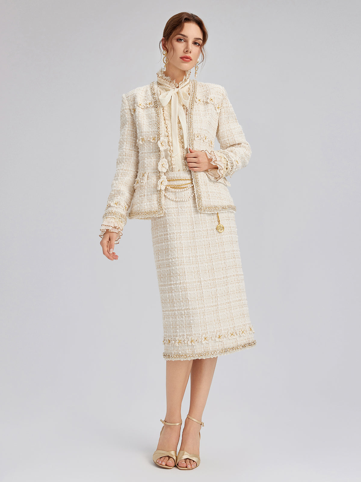 Two-Tone Check Tweed Hand-Beaded Floral Jacket (Matching Scrunchie Included)