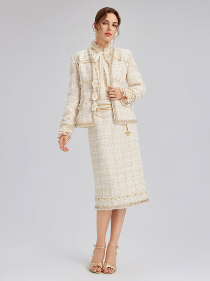 Two-Tone Check Tweed Hand-Beaded Floral Jacket (Matching Scrunchie Included)