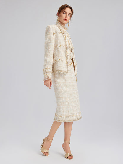Two-Tone Check Tweed Hand-Beaded Floral Jacket (Matching Scrunchie Included)
