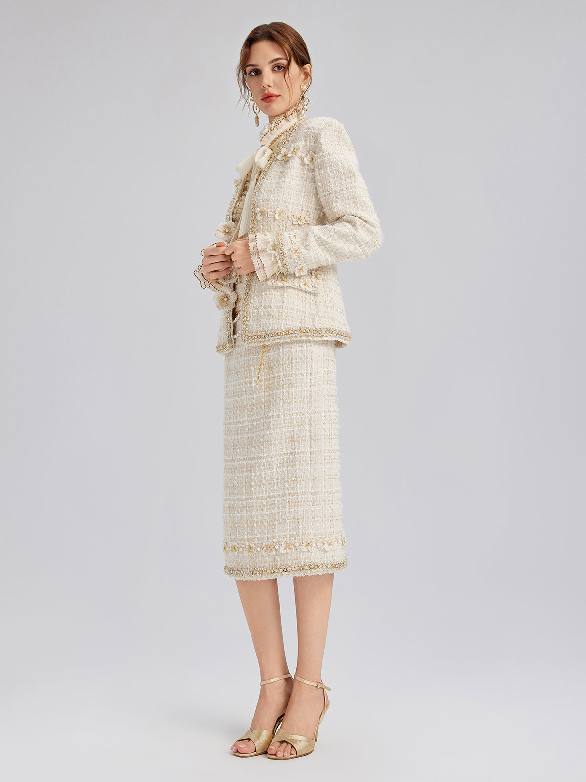 Two-Tone Check Tweed Hand-Beaded Floral Jacket (Matching Scrunchie Included)