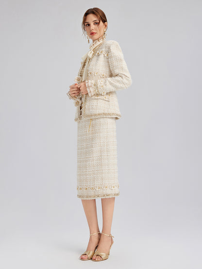 Two-Tone Check Tweed Hand-Beaded Floral Jacket (Matching Scrunchie Included)