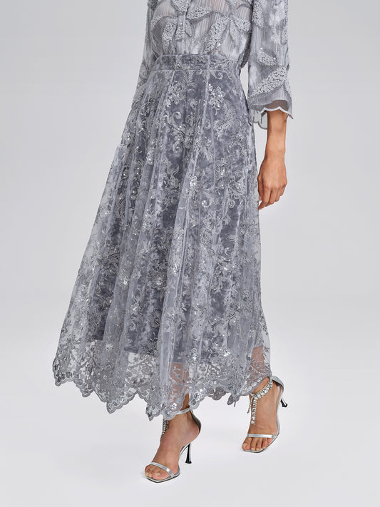 Embroidered Lace Sequin A-Line Skirt