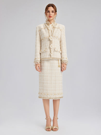 Two-Tone Check Tweed Hand-Beaded Floral Jacket (Matching Scrunchie Included)