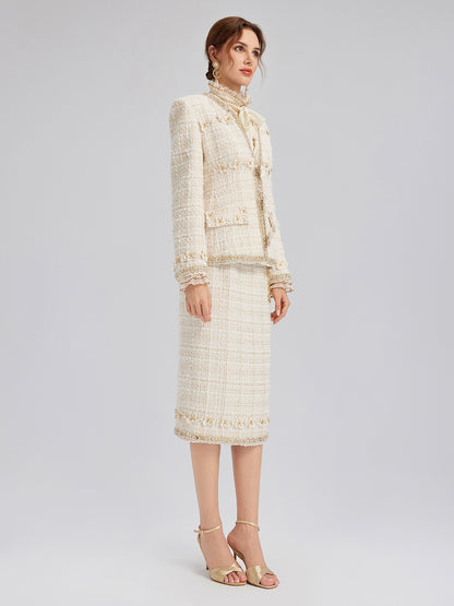 Two-Tone Check Tweed Hand-Beaded Floral Jacket (Matching Scrunchie Included)