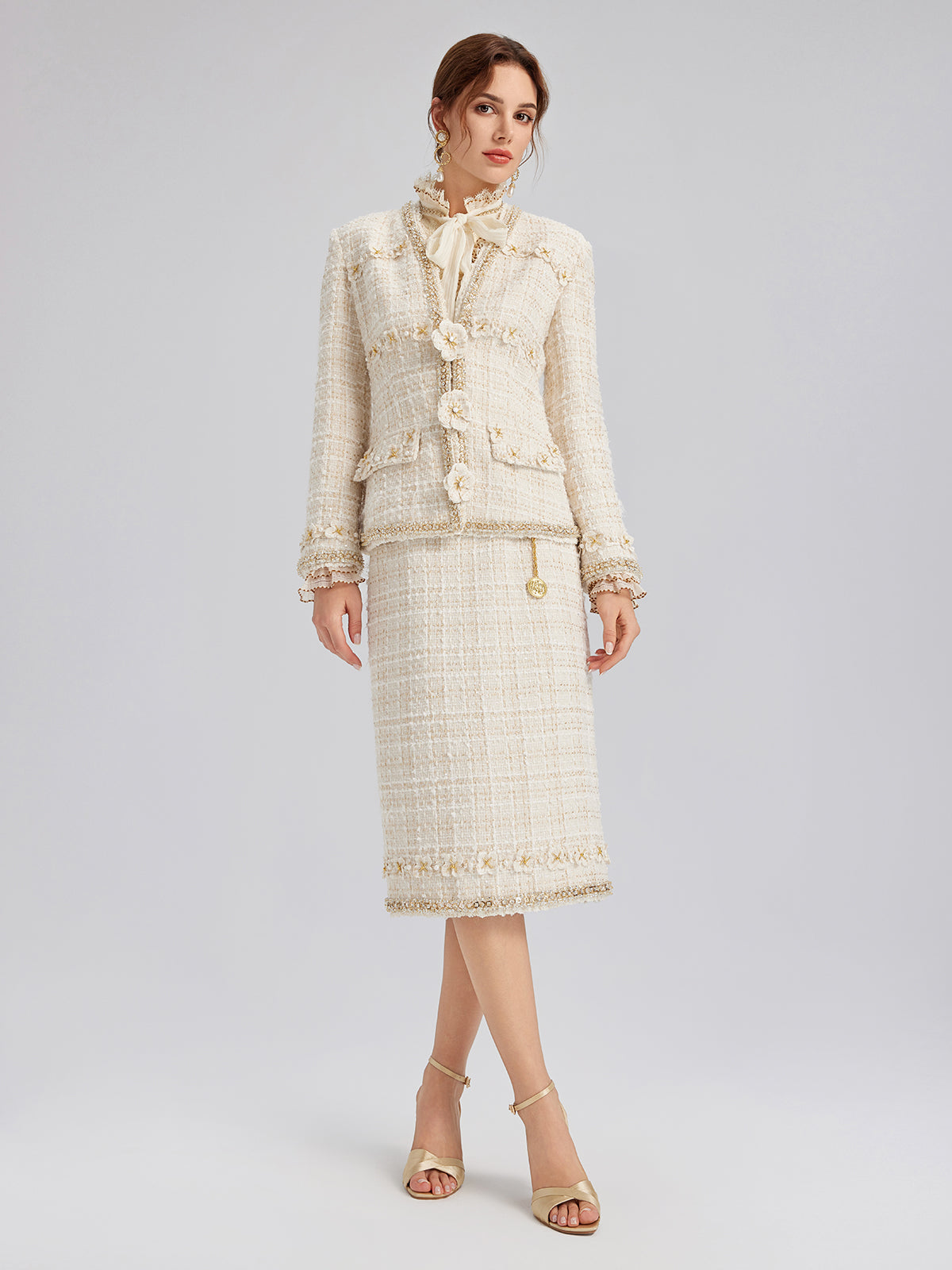 Two-Tone Check Tweed Hand-Beaded Floral Jacket (Matching Scrunchie Included)