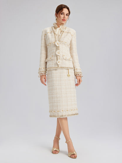 Two-Tone Check Tweed Hand-Beaded Floral Jacket (Matching Scrunchie Included)