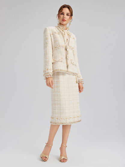 Two-Tone Check Tweed Hand-Beaded Floral Jacket (Matching Scrunchie Included)