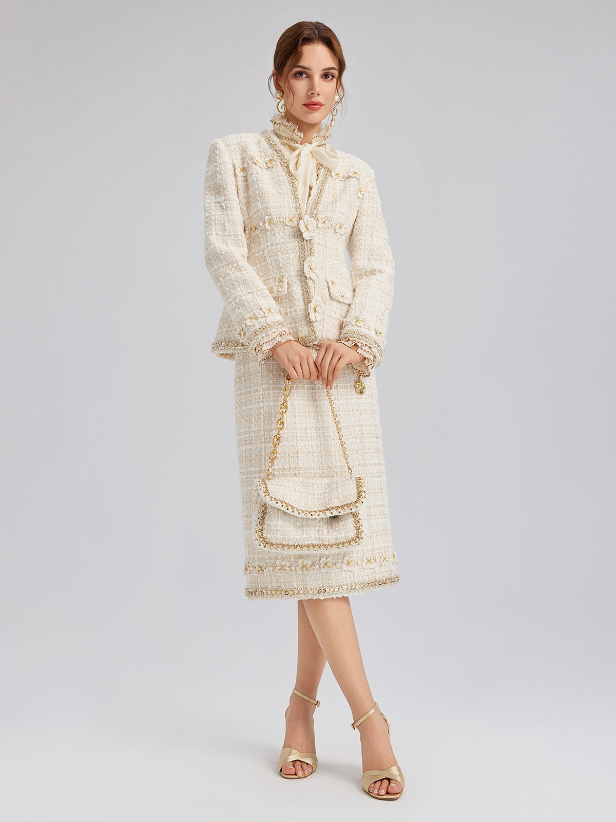 Two-Tone Check Tweed Hand-Beaded Floral Jacket (Matching Scrunchie Included)