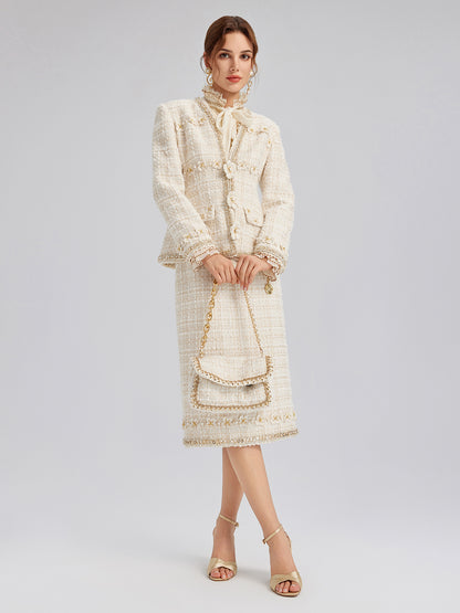 Two-Tone Check Tweed Hand-Beaded Floral Jacket (Matching Scrunchie Included)