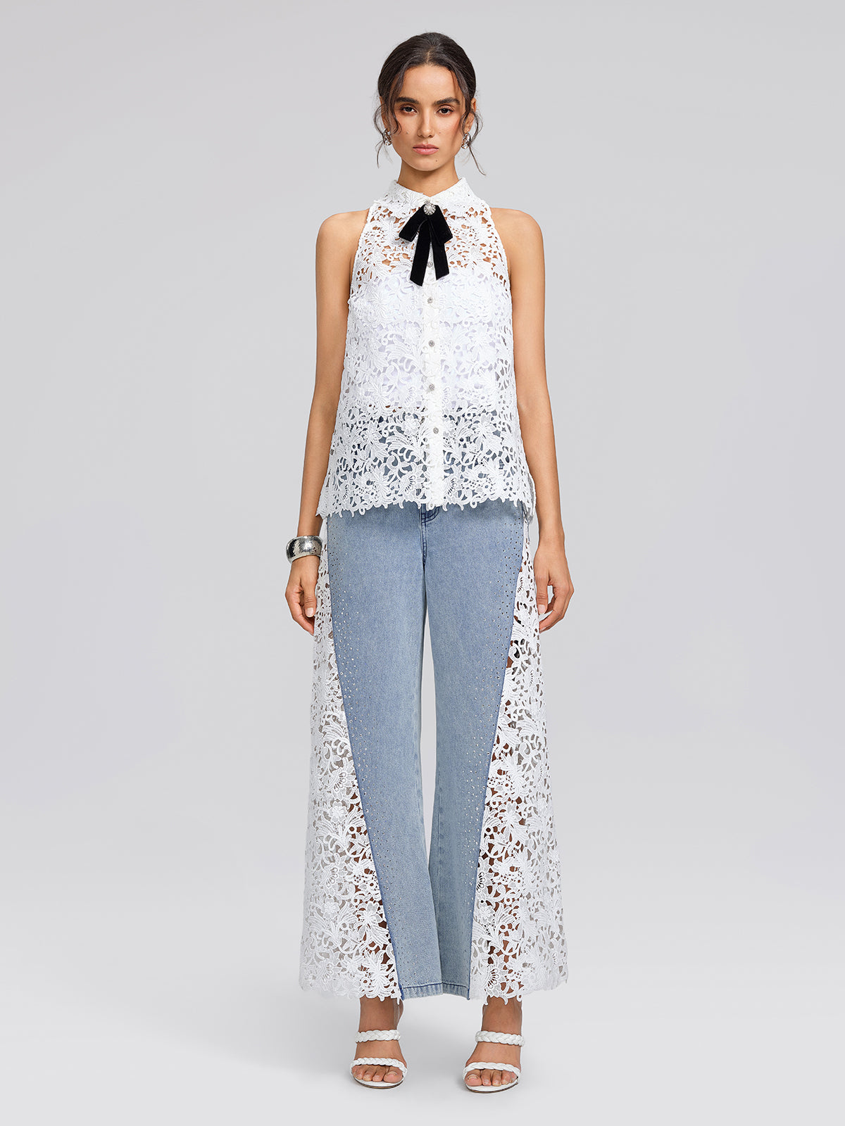 Guipure Lace Halter Rhinestone Button Top