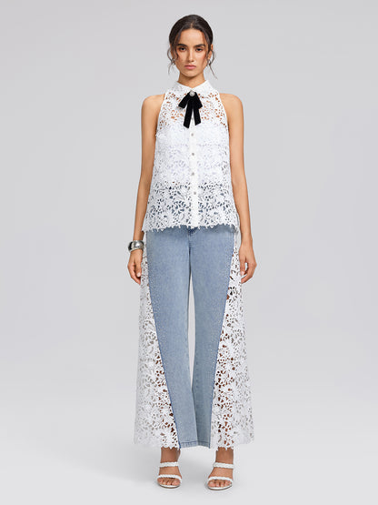 Guipure Lace Halter Rhinestone Button Top