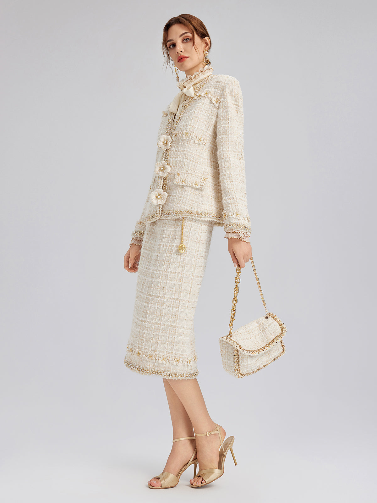 Two-Tone Check Tweed Hand-Beaded Floral Jacket (Matching Scrunchie Included)