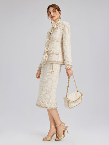 Two-Tone Check Tweed Hand-Beaded Floral Jacket (Matching Scrunchie Included)