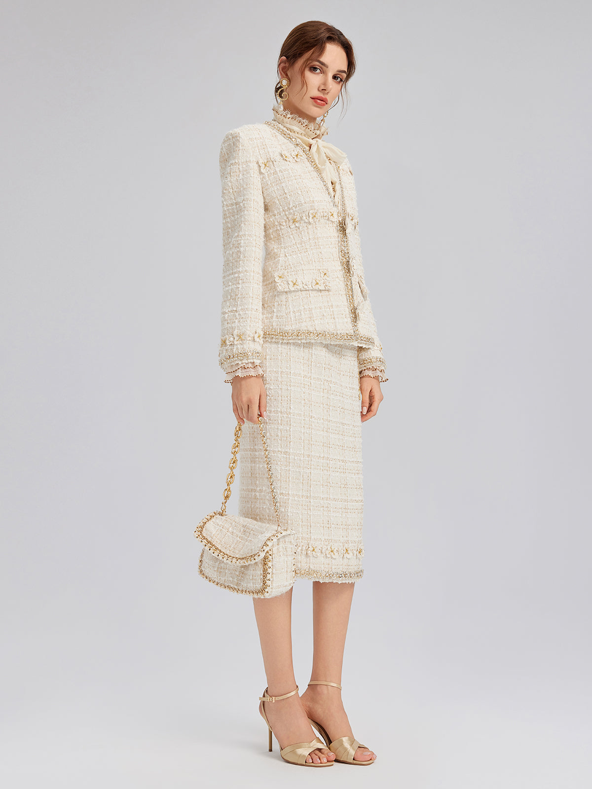 Two-Tone Check Tweed Hand-Beaded Floral Jacket (Matching Scrunchie Included)