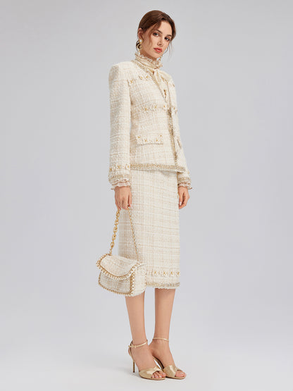 Two-Tone Check Tweed Hand-Beaded Floral Jacket (Matching Scrunchie Included)