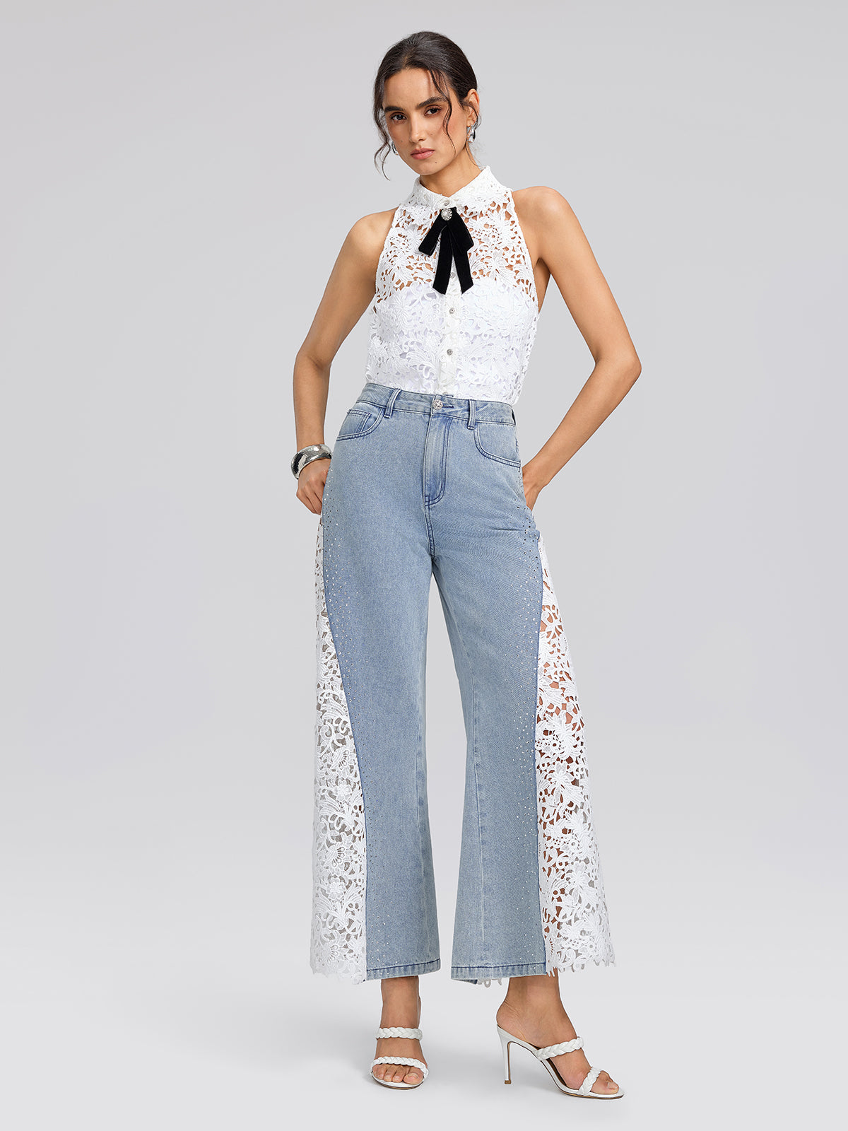 Washed Denim Lace Cutwork Rhinestone High-Waist Flared Pants