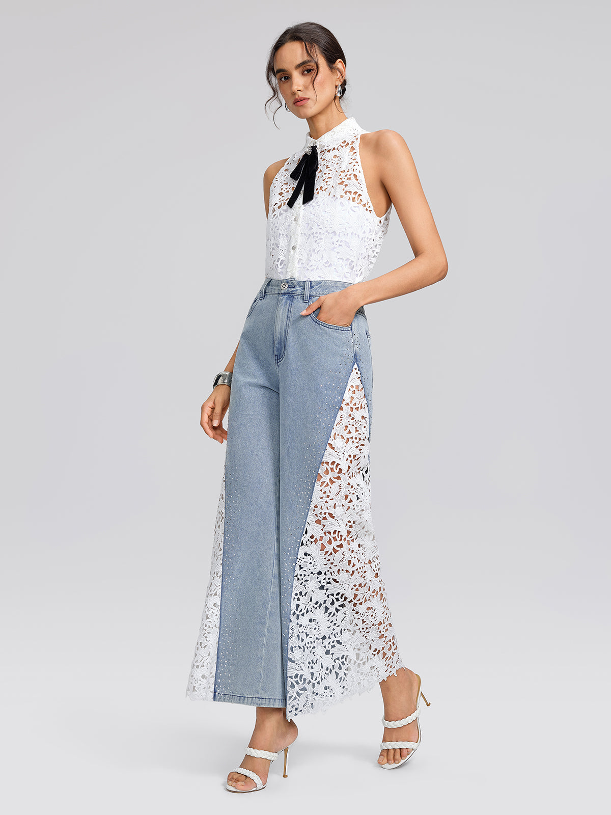 Washed Denim Lace Cutwork Rhinestone High-Waist Flared Pants