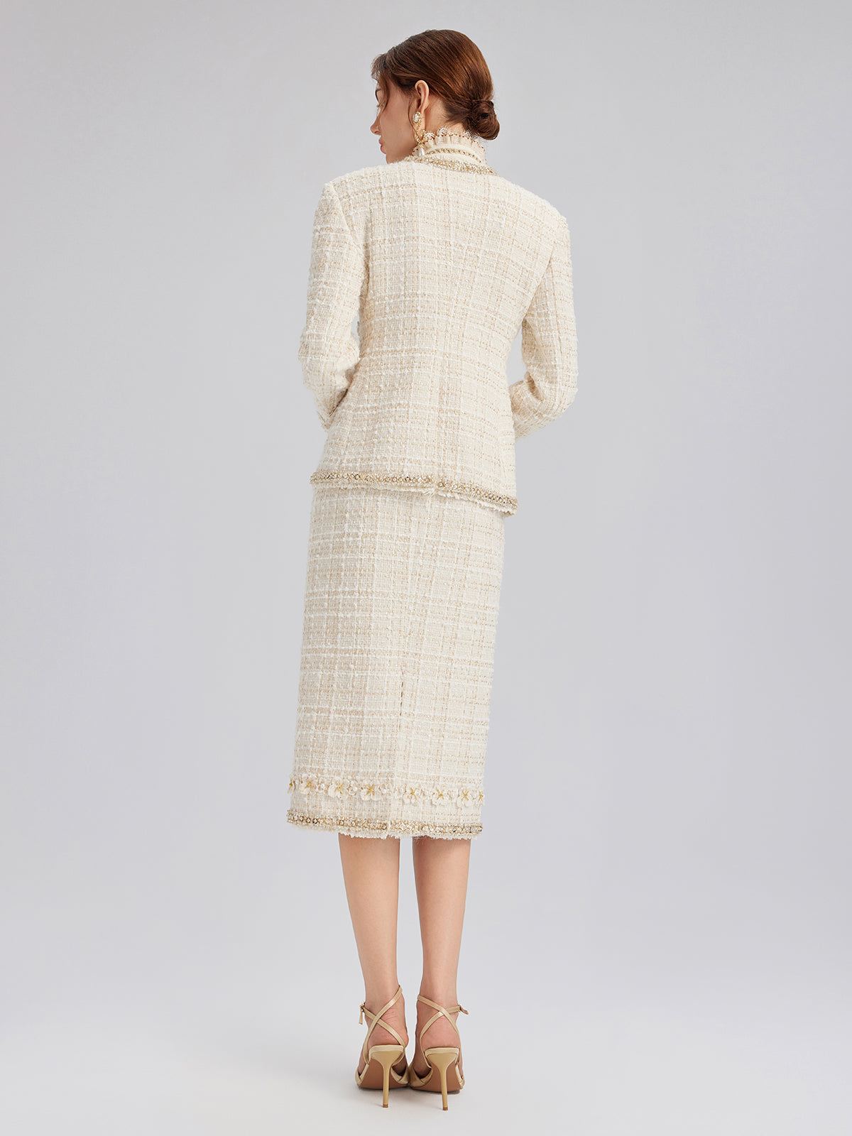 Two-Tone Check Tweed Hand-Beaded Floral Jacket (Matching Scrunchie Included)