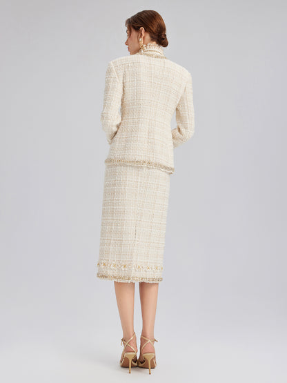 Two-Tone Check Tweed Hand-Beaded Floral Jacket (Matching Scrunchie Included)