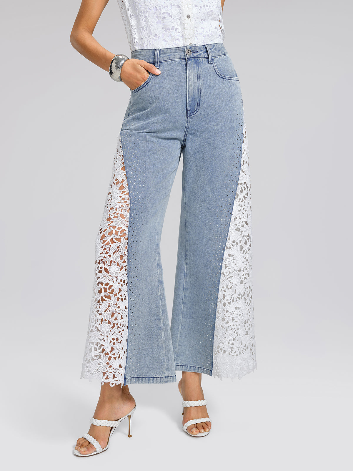 Washed Denim Lace Cutwork Rhinestone High-Waist Flared Pants