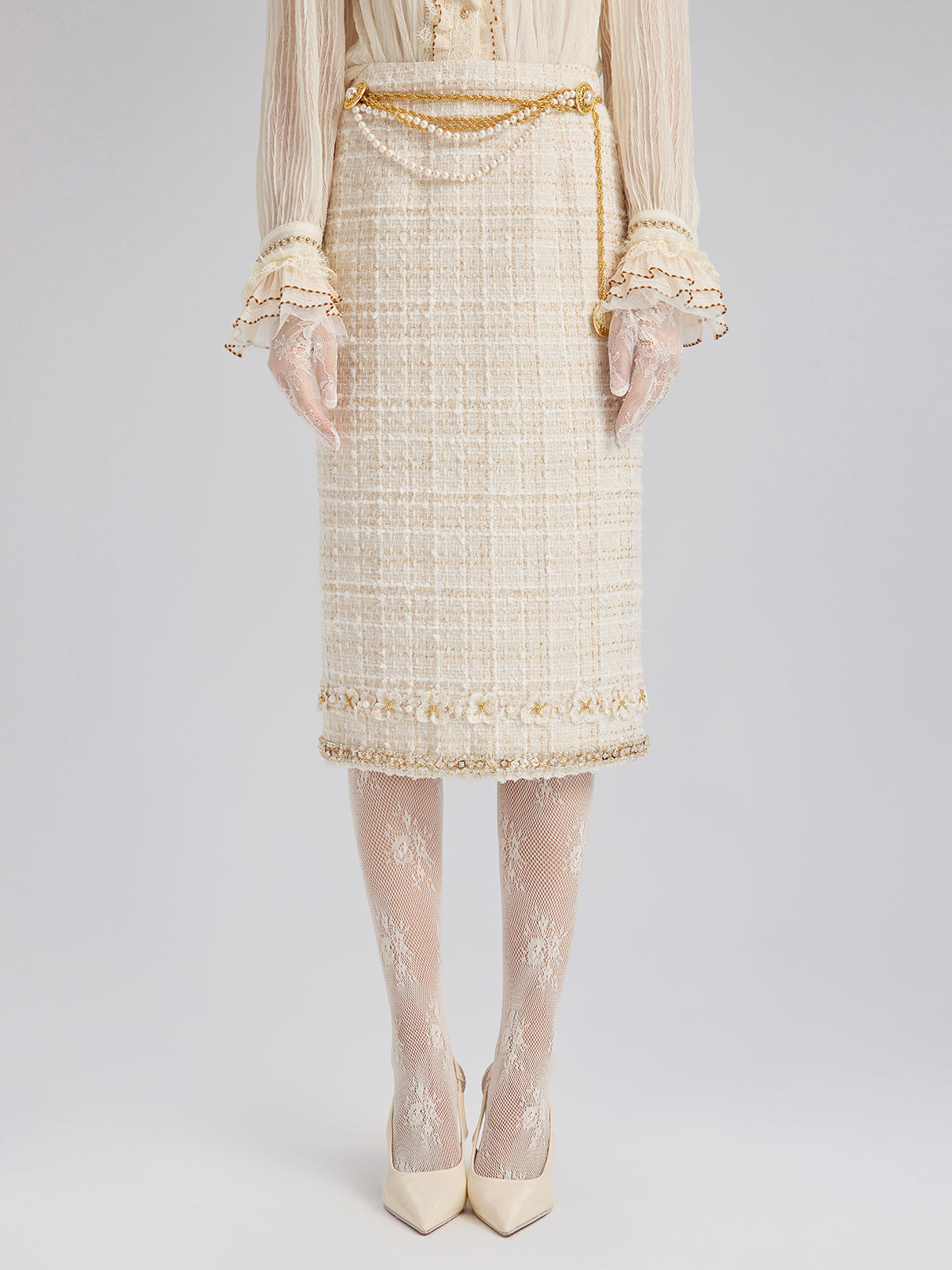 Two-Tone Check Tweed Hand-Beaded Floral Skirt