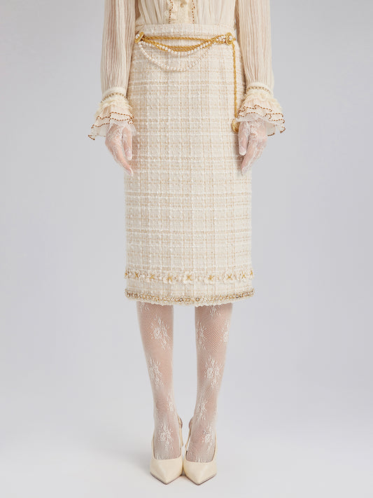 Two-Tone Check Tweed Hand-Beaded Floral Skirt