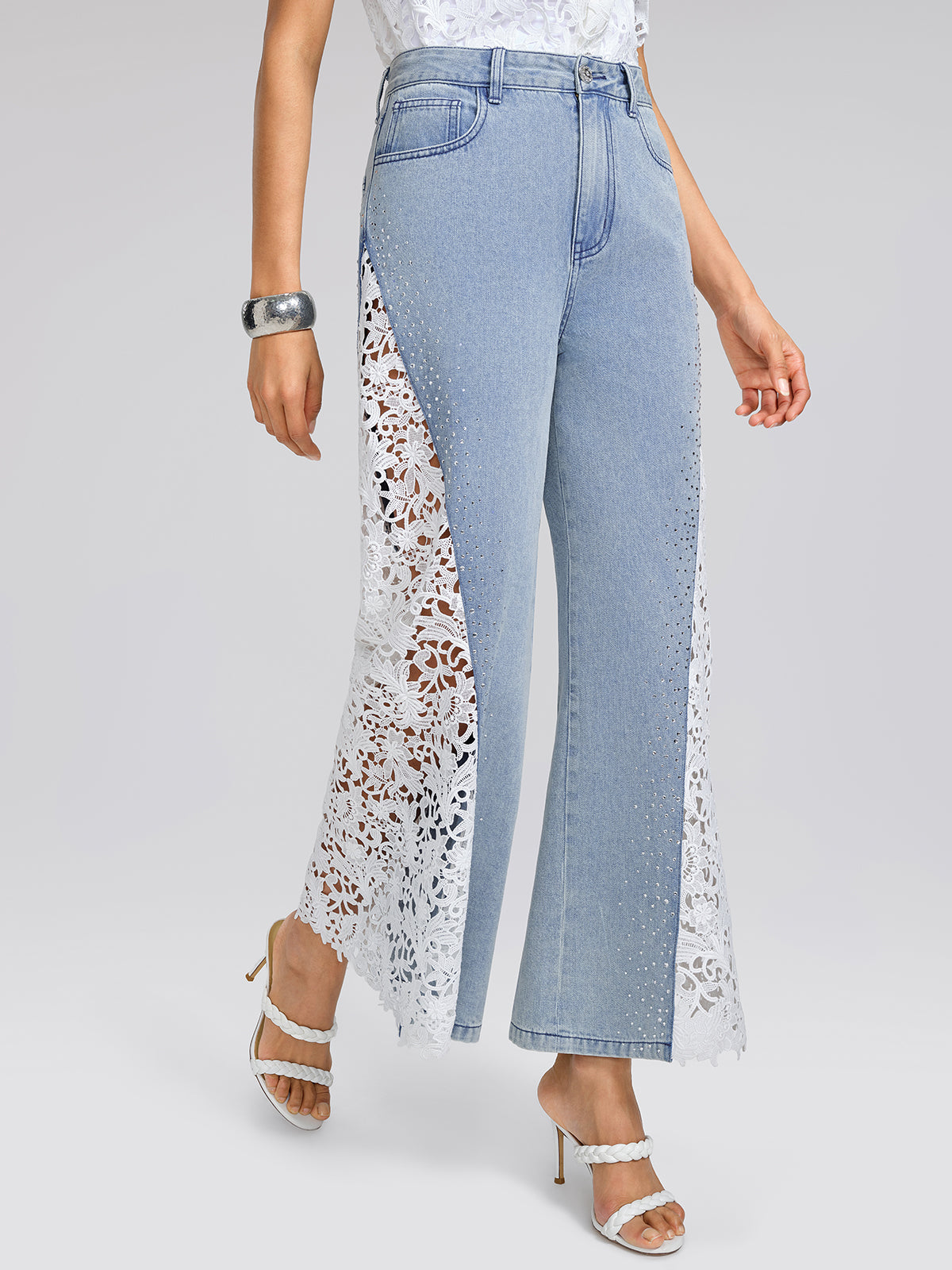 Washed Denim Lace Cutwork Rhinestone High-Waist Flared Pants
