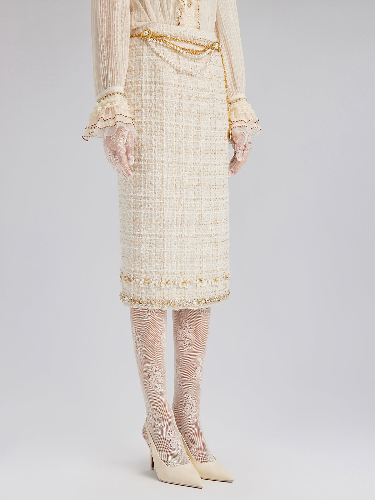 Two-Tone Check Tweed Hand-Beaded Floral Skirt