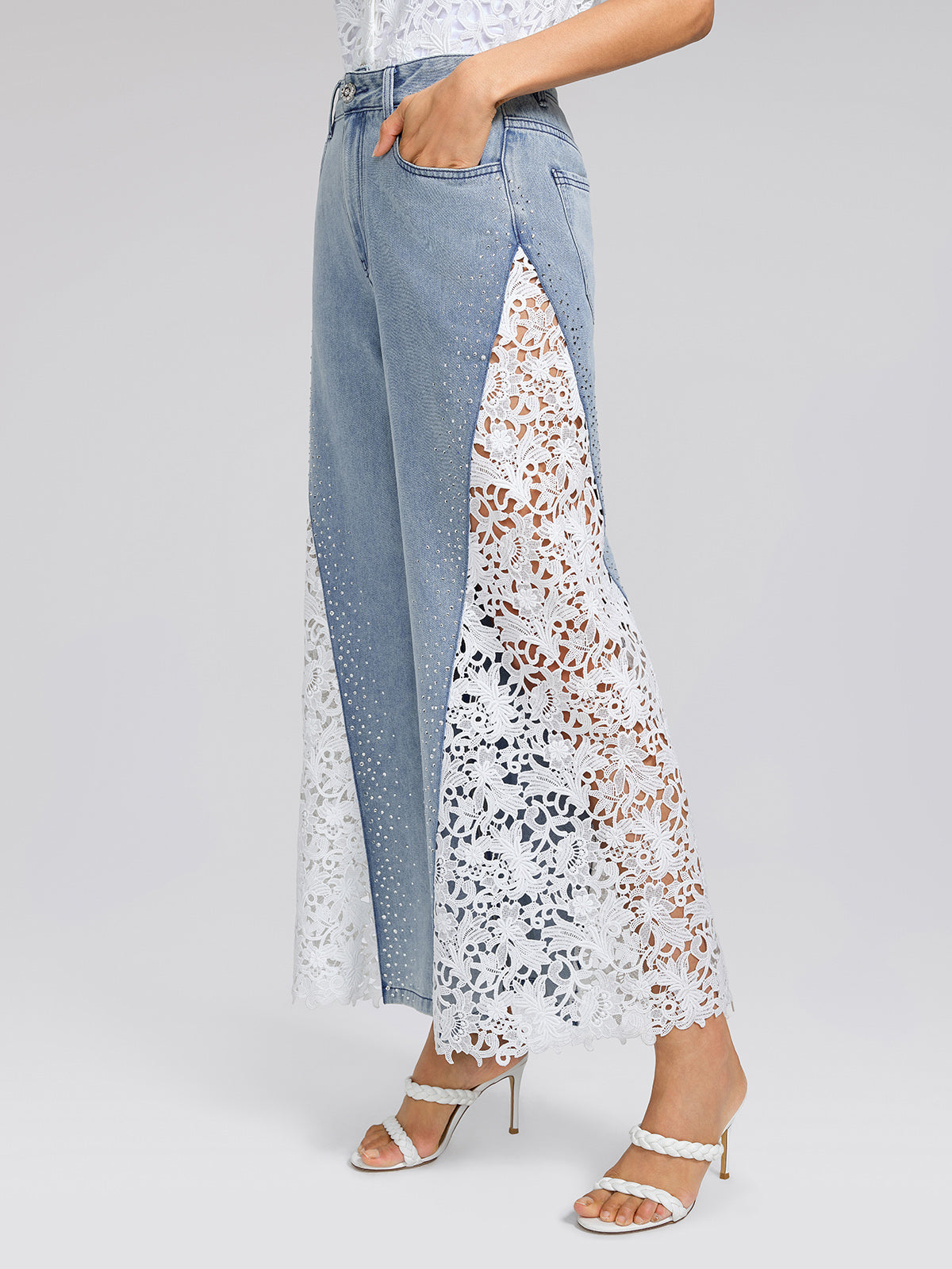 Washed Denim Lace Cutwork Rhinestone High-Waist Flared Pants