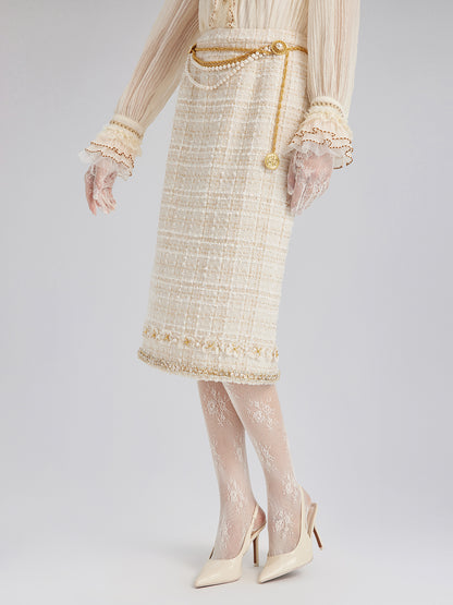 Two-Tone Check Tweed Hand-Beaded Floral Skirt