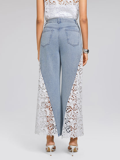 Washed Denim Lace Cutwork Rhinestone High-Waist Flared Pants