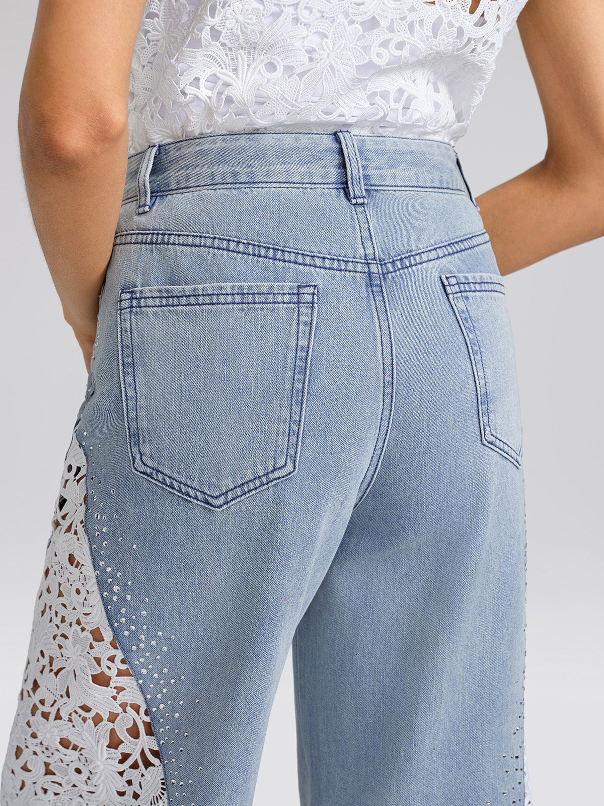 Washed Denim Lace Cutwork Rhinestone High-Waist Flared Pants