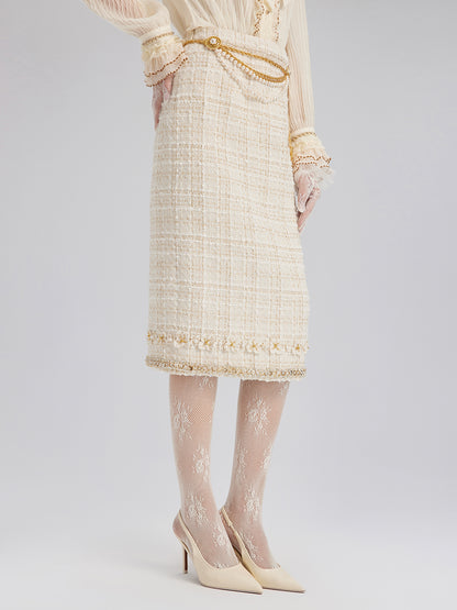 Two-Tone Check Tweed Hand-Beaded Floral Skirt