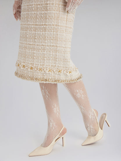 Two-Tone Check Tweed Hand-Beaded Floral Skirt