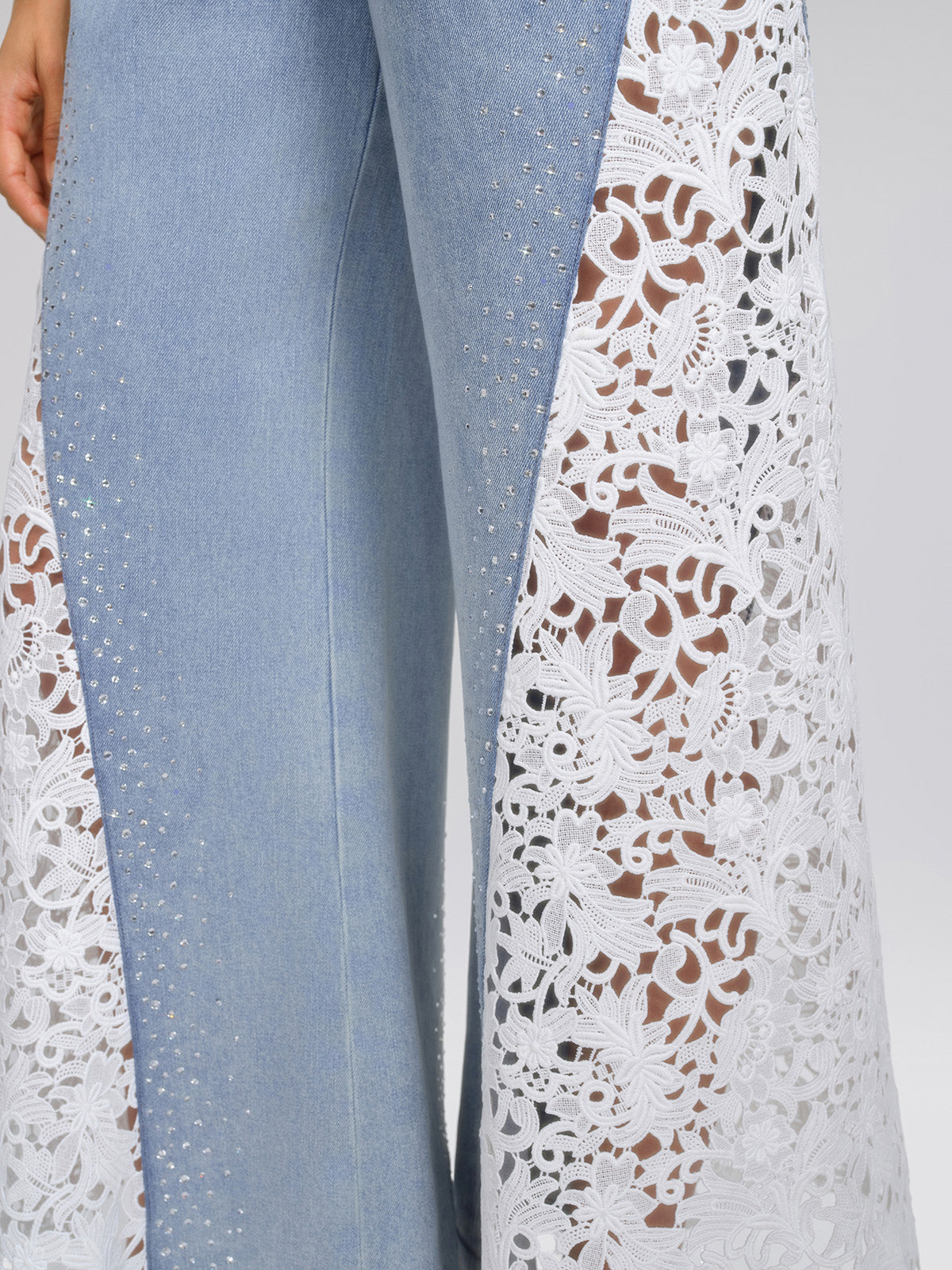 Washed Denim Lace Cutwork Rhinestone High-Waist Flared Pants