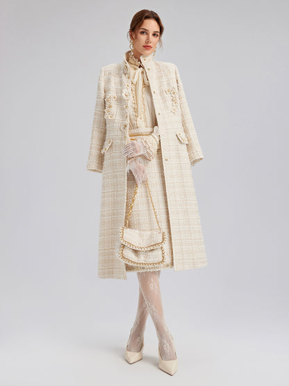 Two-Tone Check Tweed Hand-Beaded Floral Skirt