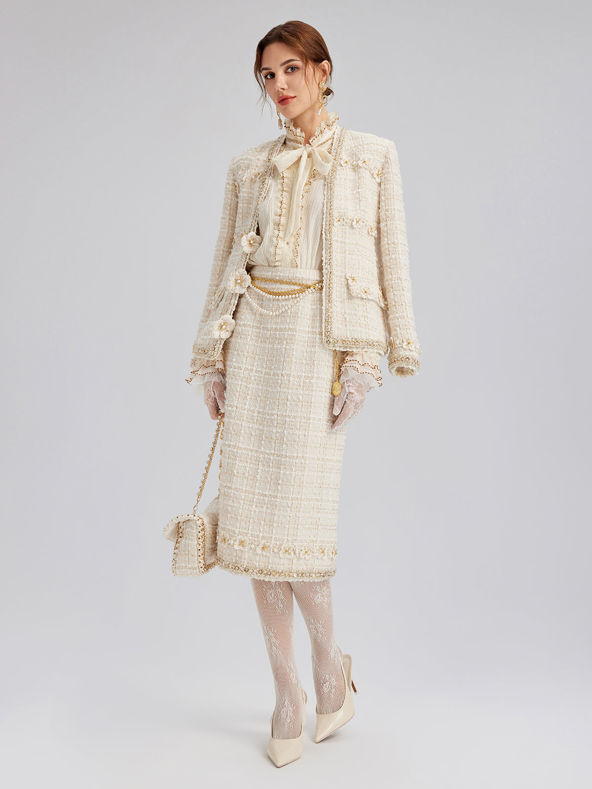 Two-Tone Check Tweed Hand-Beaded Floral Skirt