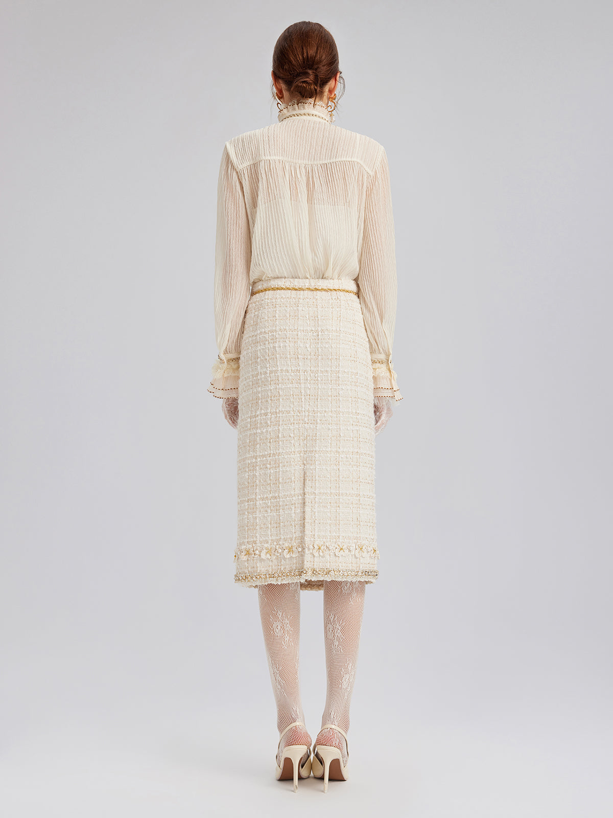 Two-Tone Check Tweed Hand-Beaded Floral Skirt