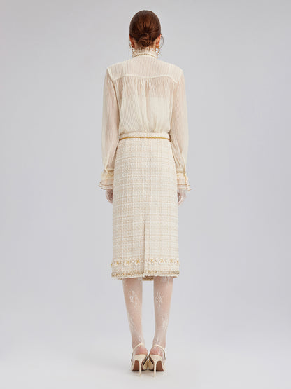 Two-Tone Check Tweed Hand-Beaded Floral Skirt